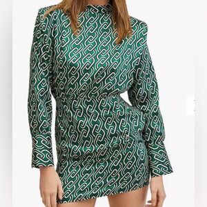 Mango green/white chain pattern mini dress satin - Med - NWT